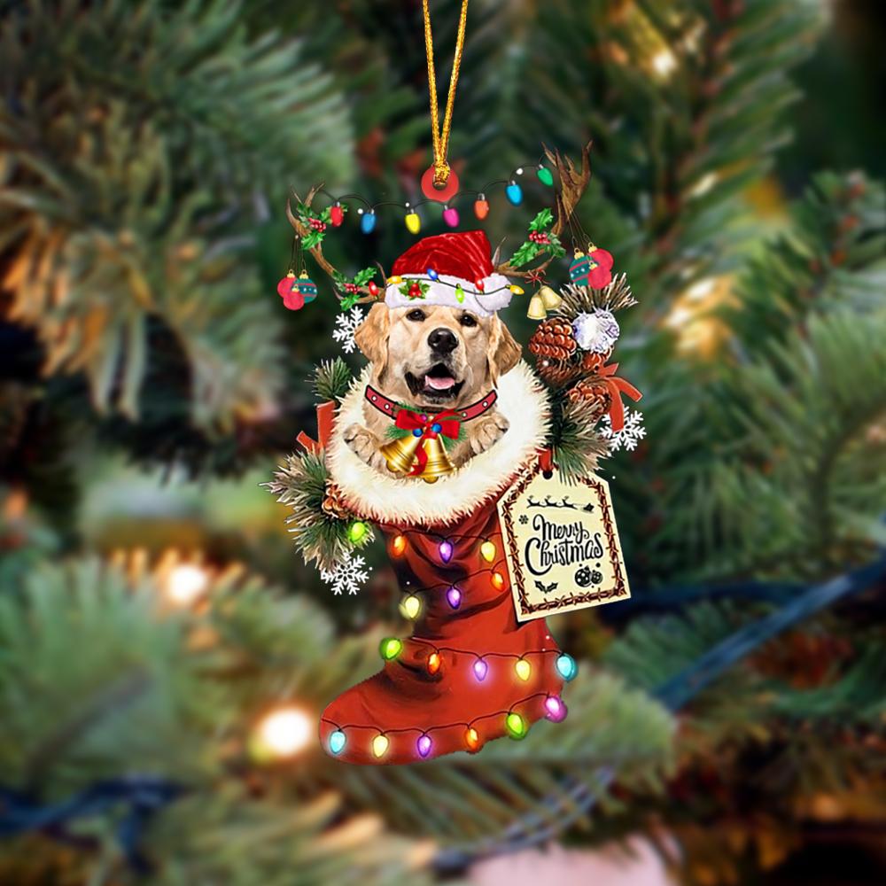 Godmerch- Ornament- Golden Retriever 2-Xmas Boot-Two Sided Ornament, Happy Christmas Ornament, Car Ornament