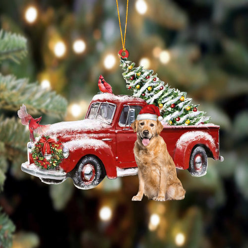 Ornament- Golden Retriever 3-Cardinal & Truck Two Sided Ornament, Happy Christmas Ornament, Car Ornament