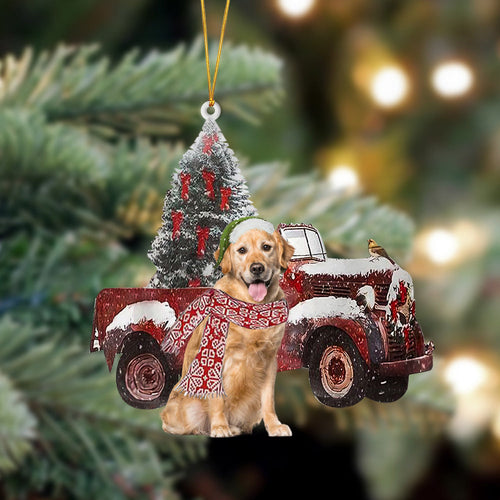 Ornament- Golden Retriever 3-Christmas Truck Two Sided Ornament, Happy Christmas Ornament, Car Ornament