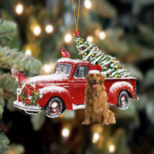 Ornament- Golden Retriever 4-Cardinal & Truck Two Sided Ornament, Happy Christmas Ornament, Car Ornament