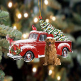 Ornament- Golden Retriever 4-Cardinal & Truck Two Sided Ornament, Happy Christmas Ornament, Car Ornament