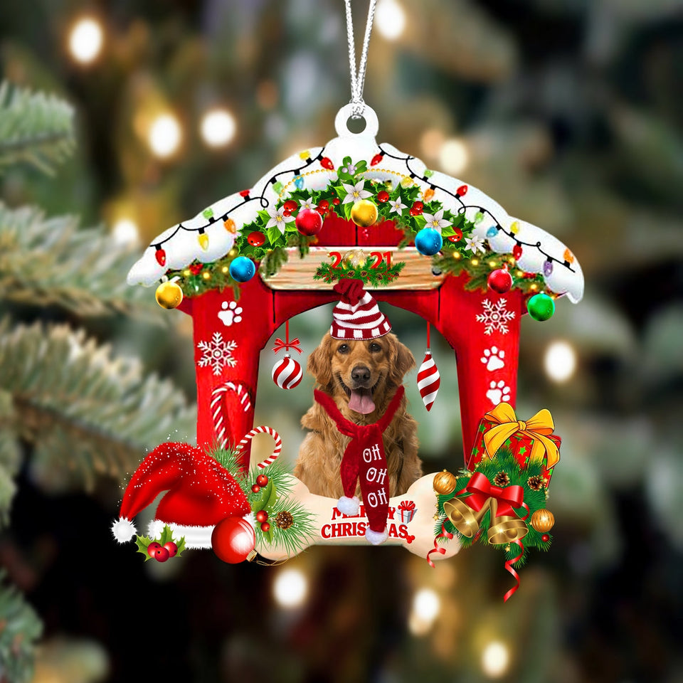 Ornament- Golden Retriever 4-Christmas House Two Sided Ornament, Happy Christmas Ornament, Car Ornament