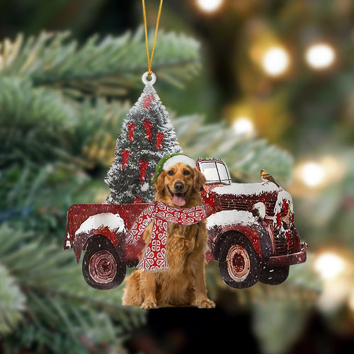 Ornament- Golden Retriever 4-Christmas Truck Two Sided Ornament, Happy Christmas Ornament, Car Ornament