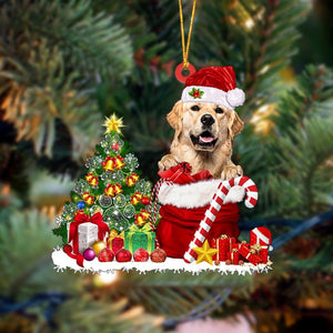 Godmerch- Ornament- Golden Retriever Gift Bag Merry Christmas Ornament Dog Ornament, Car Ornament, Christmas Ornament