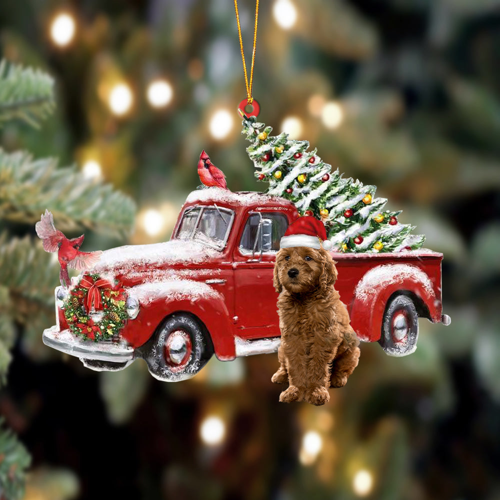 Godmerch- Ornament- Goldendoodle-Cardinal & Truck Two Sided Ornament, Happy Christmas Ornament, Car Ornament