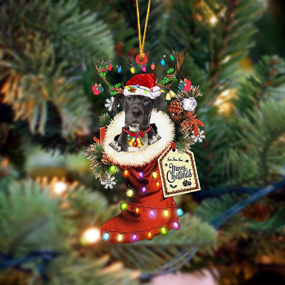 Godmerch- Ornament- Great Dane 1-Xmas Boot-Two Sided Ornament, Happy Christmas Ornament, Car Ornament