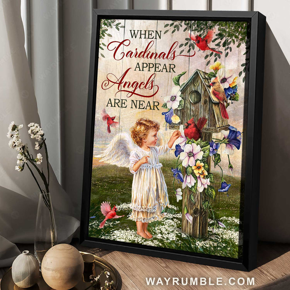 Little angel, Colorful birdhouse, Red cardinal, When cardinals appear - Heaven Portrait Canvas Prints, Wall Art