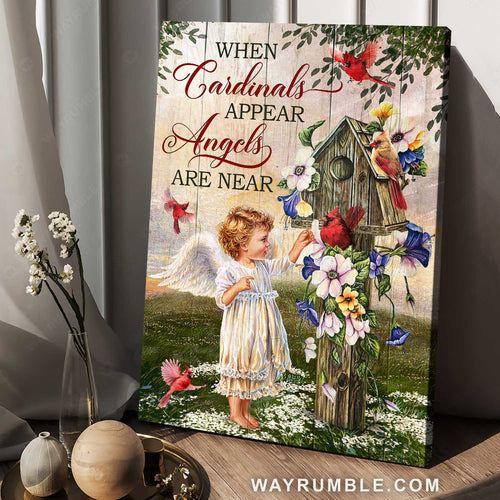 Little angel, Colorful birdhouse, Red cardinal, When cardinals appear - Heaven Portrait Canvas Prints, Wall Art
