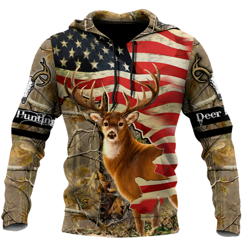 Hunting Gifts Deer Hunting Gifts Deer Hunting America Flag All Over Printed US Unisex Size Hoodie