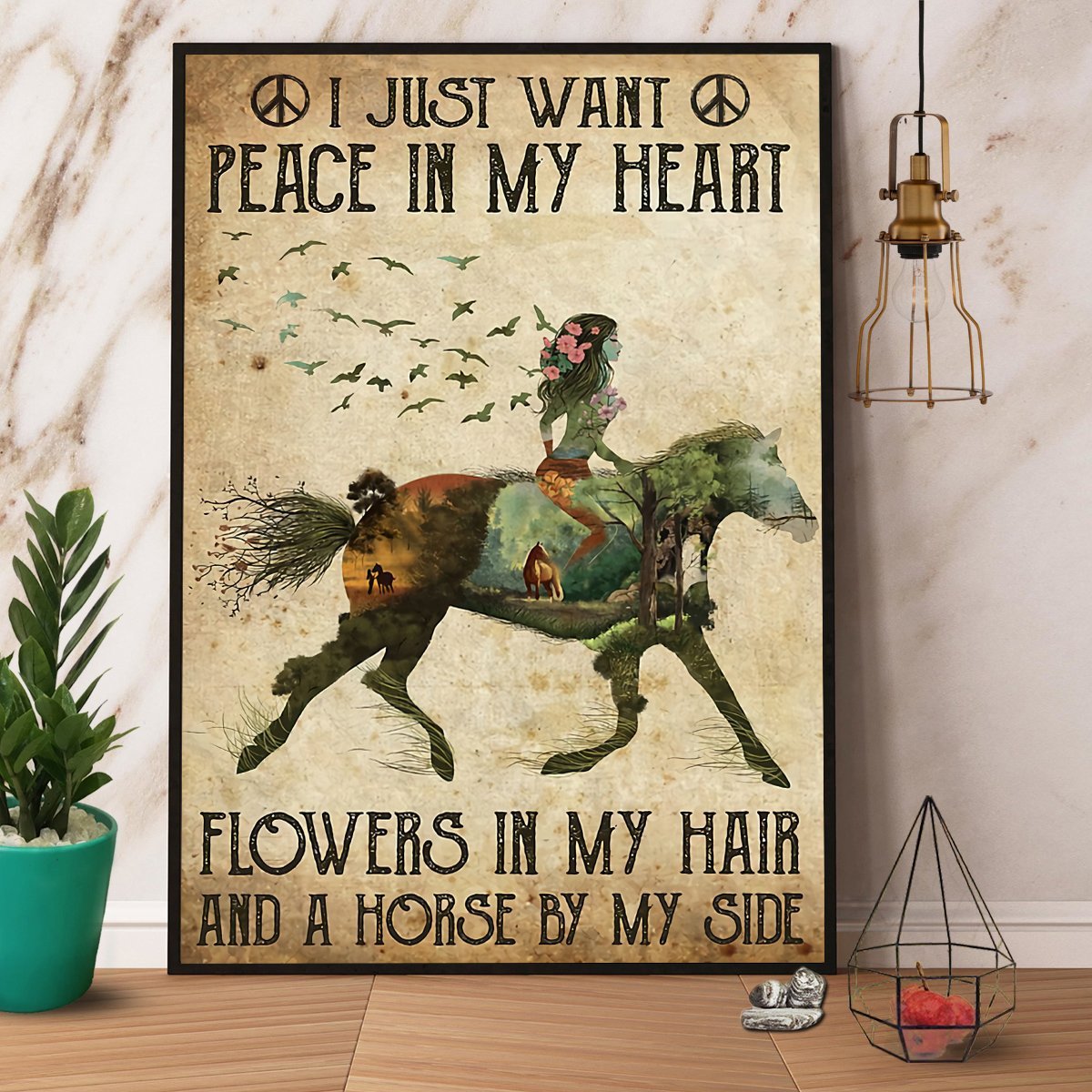 Horse Hippie I Just Want Peace In My Heart Canvas And Poster, Wall Decor Visual Art