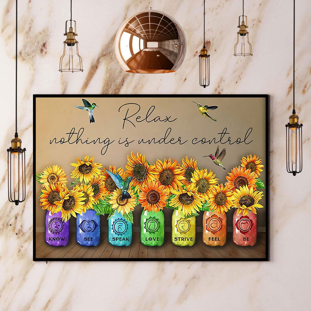 Hummingbird And Sunflower Yoga Relax Nothing Is Under Control Canvas And Poster, Wall Decor Visual Art