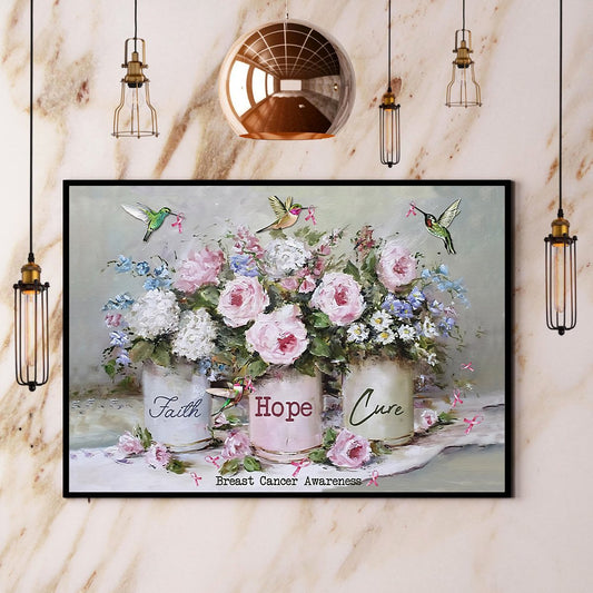 Hummingbird Cure Faith Hope Cure Breast Cancer Awareness Canvas And Poster, Wall Decor Visual Art