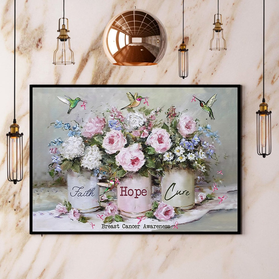 Hummingbird Cure Faith Hope Cure Breast Cancer Awareness Canvas And Poster, Wall Decor Visual Art