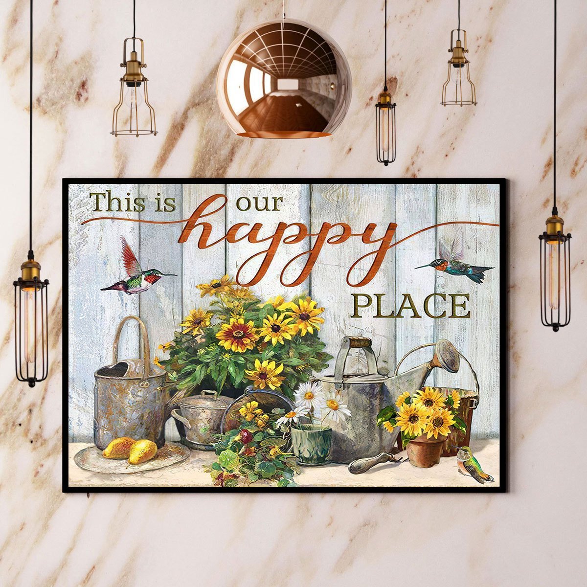 Hummingbird Sunflower This Is Our Happy Place Canvas And Poster, Wall Decor Visual Art