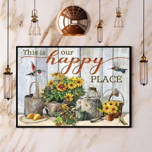 Hummingbird Sunflower This Is Our Happy Place Canvas And Poster, Wall Decor Visual Art