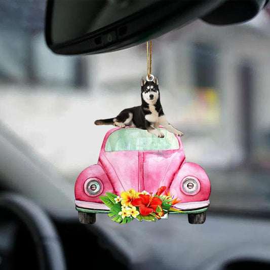 Husky-Pink Hippie Car-Two Sided Ornament