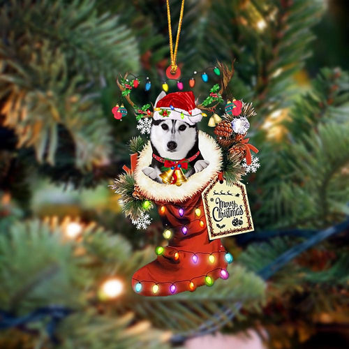 Godmerch- Ornament- Husky 1-Xmas Boot-Two Sided Ornament, Happy Christmas Ornament, Car Ornament