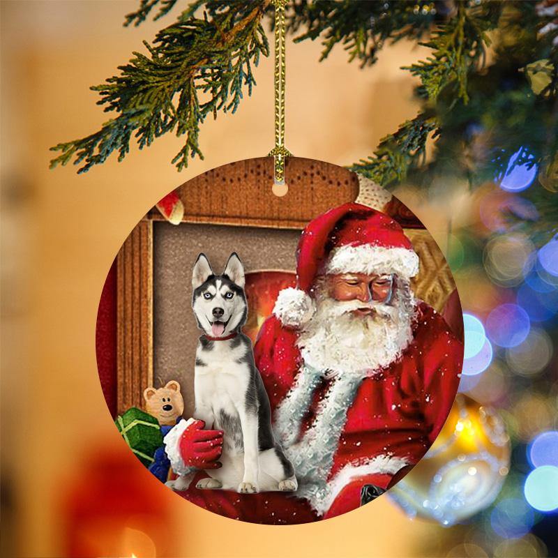 Godmerch- Ornament- Husky With Santa Christmas Ornament, Happy Christmas Ornament, Car Ornament