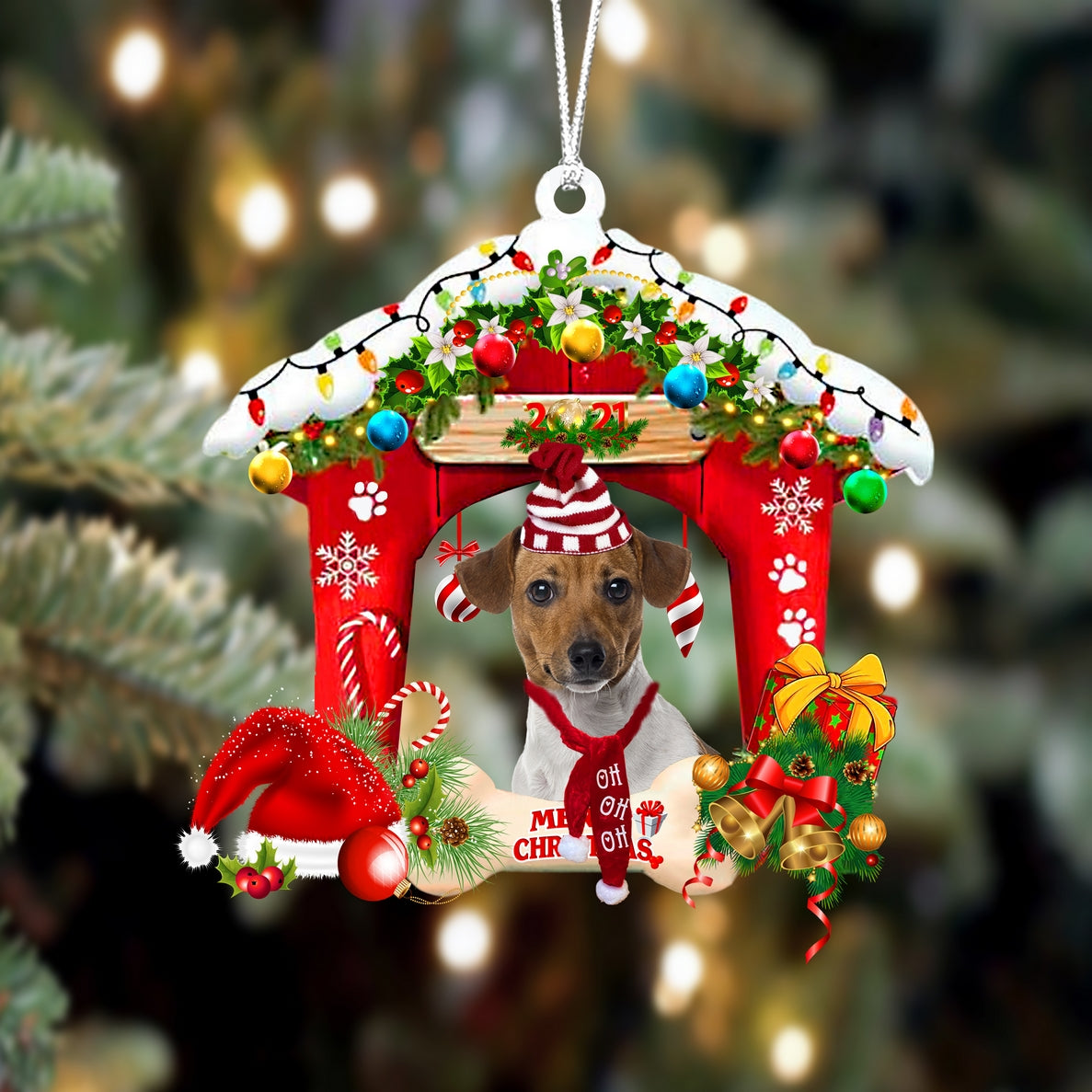 Ornament- Jack Russell Terrier-Christmas House Two Sided Ornament, Happy Christmas Ornament, Car Ornament