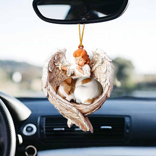 Sleeping Jack Russell Terrier Protected By Angel Car Hanging Ornament