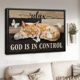 Little cat, Crystal butterfly, Wooden background, God is in control - Jesus Landscape Canvas Prints, Home Decor Wall Art
