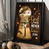 Autumn vibe, Wooden cross, Red cardinal, God will never leave you - Jesus Portrait Canvas Prints, Home Decor Wall Art