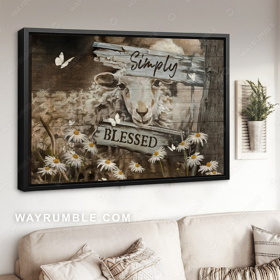 Lovely lamb, Daisy field, Antique sign, Simply blessed - Jesus Landscape Canvas Prints, Home Decor Wall Art