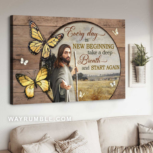 Jesus calls, Yellow butterfly, Rice field painting, Every day is a new beginning - Jesus Landscape Canvas Prints, Home Decor Wall Art