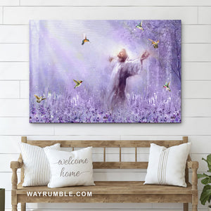 Lavender field, Purple painting, Walking with Jesus, Hummingbird drawing - Jesus Landscape Canvas Prints, Living Room Wall Art