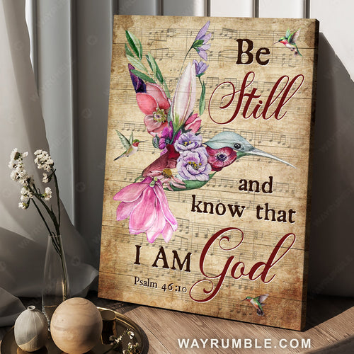 Flower hummingbird, Vintage music sheet, Be still and know that I am God - Jesus Portrait Canvas Prints, Home Decor Wall Art