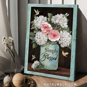 White hydrangeas, Pink rose, Colorful hummingbird, Simply blessed - Jesus Portrait Canvas Prints, Home Decor Wall Art