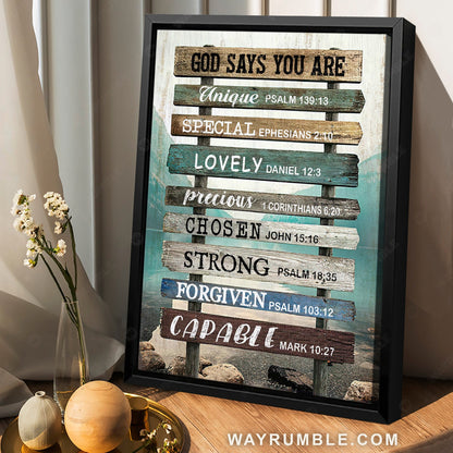 Wooden sign, Beautiful lake, Jesus drawing, God says you are unique - Jesus Portrait Canvas Prints, Home Decor Wall Art