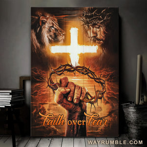 Stunning cross, Amazing crown of thorn, Lion of Judah, Faith over fear - Jesus Portrait Canvas Prints, Home Decor Wall Art