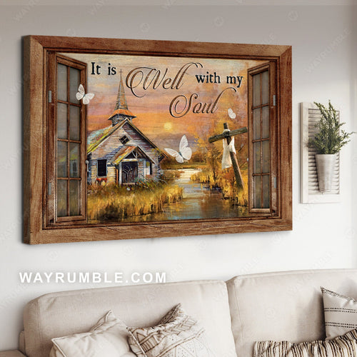 Countryside painting, Vintage house, Pretty sunset, It is well with my soul - Jesus Landscape Canvas Prints, Home Decor Wall Art