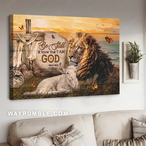 Stunning lion, Little lamb, Circle rock, Be still and know that I am God - Jesus Landscape Canvas Prints, Home Decor Wall Art