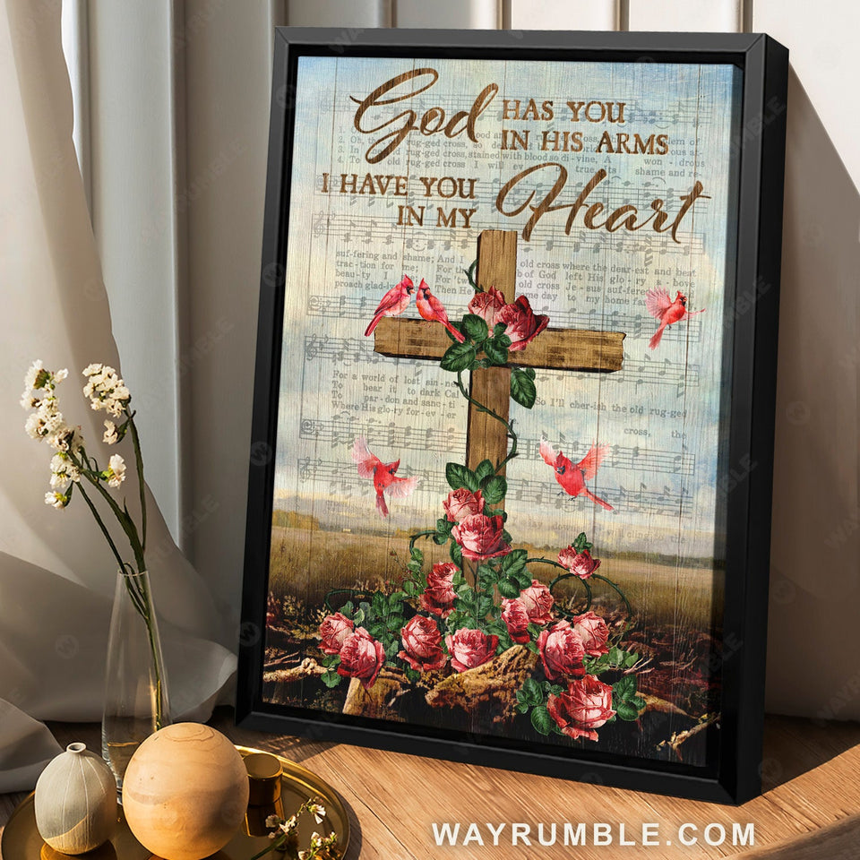 Brilliant red rose, Pretty cardinal, Wooden cross, God has you in his arms - Jesus Portrait Canvas Prints, Home Decor Wall Art