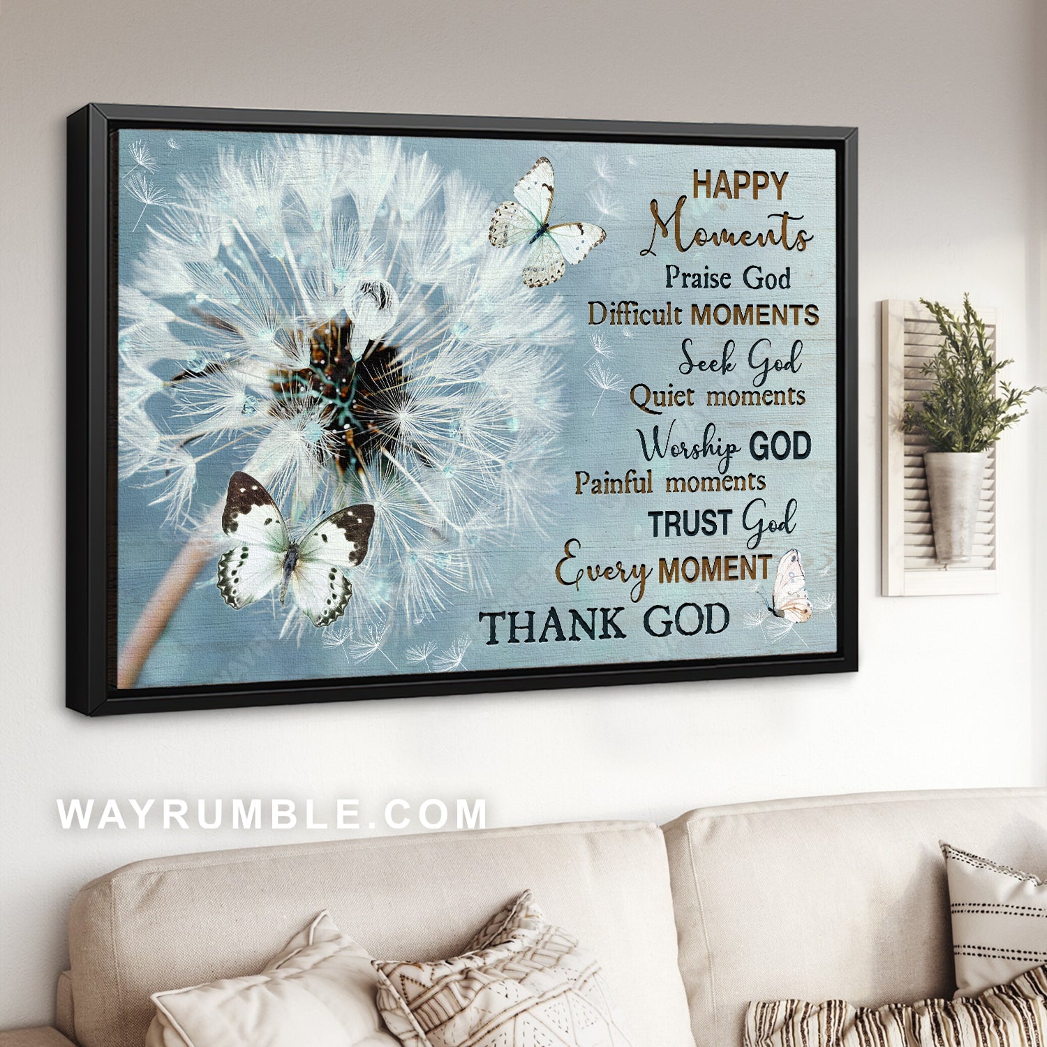 Crystal dandelion, Pretty butterfly, Blue background, Happy moments, Thank God - Jesus Landscape Canvas Prints, Home Decor Wall Art