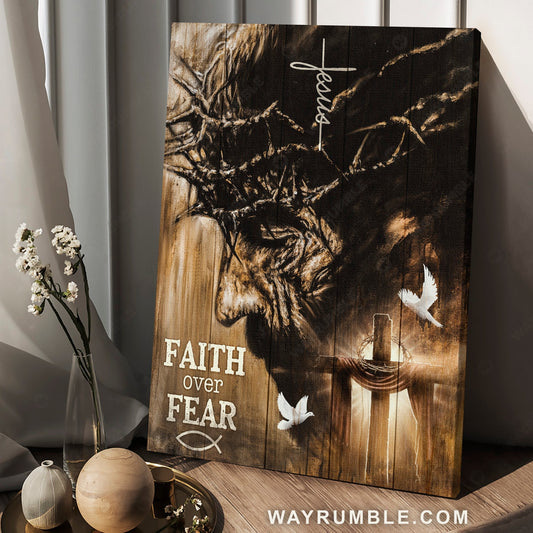 Watercolor Jesus painting, White dove, Crown of thorn, Faith over fear - Jesus Portrait Canvas Prints, Home Decor Wall Art