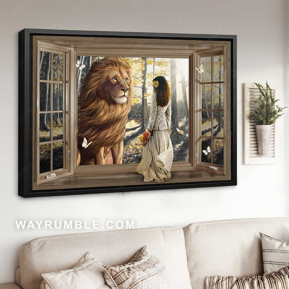 Beautiful lion, Wooden window, Pretty girl, Sunny day - Jesus Landscape Canvas Prints, Christian Wall Art