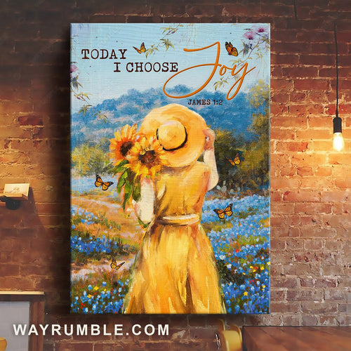 Watercolor girl painting, Blue flower field, Sunflower, Today I choose joy - Jesus Portrait Canvas Prints, Home Decor Wall Art
