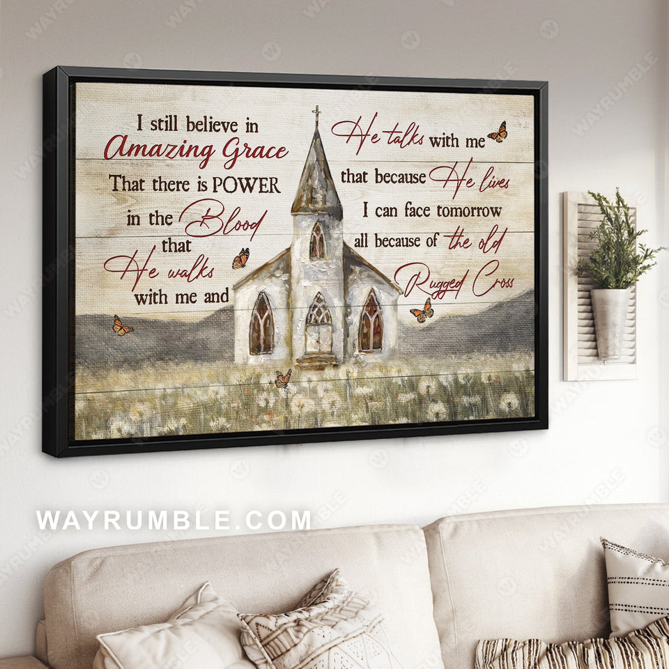 Watercolor church painting, Dandelion field, I still believe in amazing grace - Jesus Landscape Canvas Prints, Home Decor Wall Art