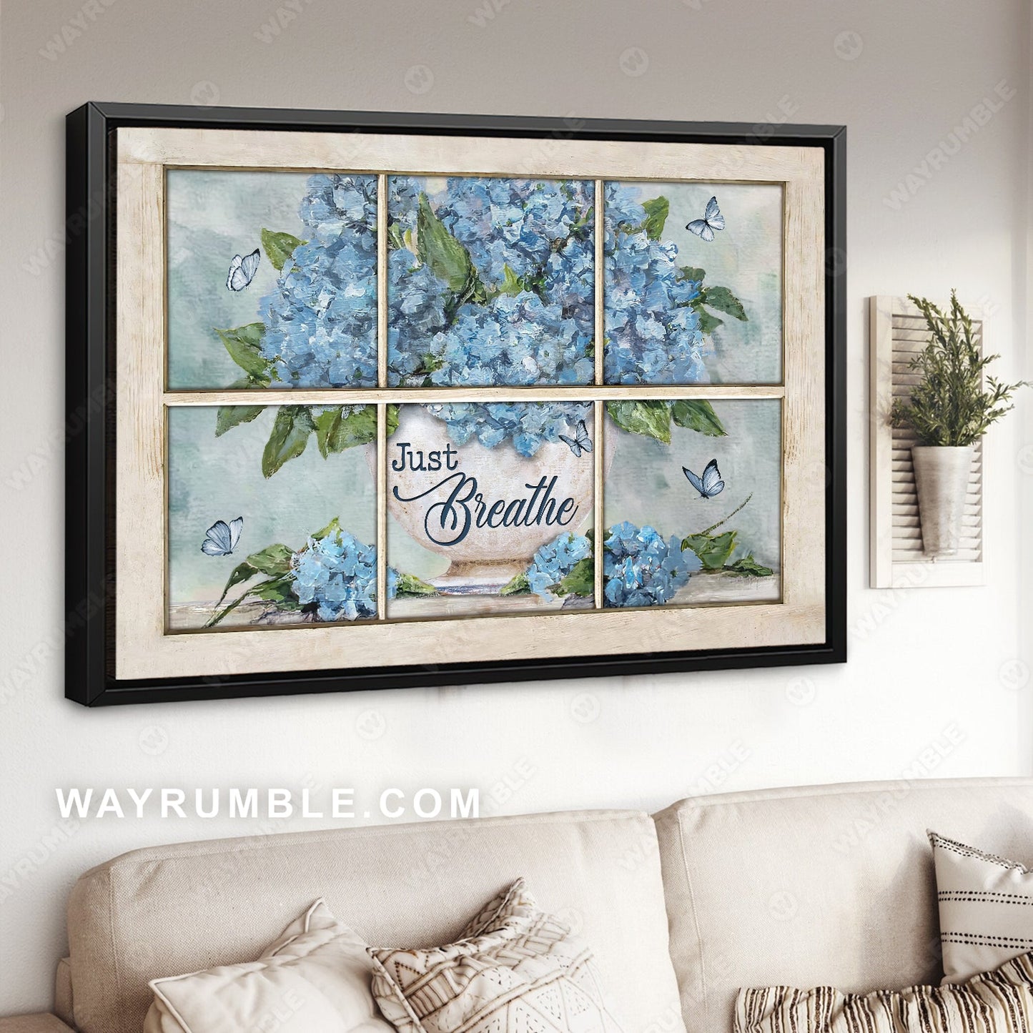 Watercolor hydrangea, Blue butterfly, White vase, Just breathe - Jesus Landscape Canvas Prints, Home Decor Wall Art