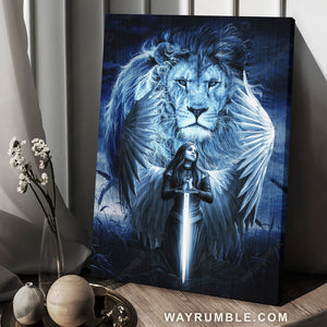 Blue night, Woman warrior, Lion of Judah, Stunning wings - Jesus Portrait Canvas Prints, Home Decor Wall Art