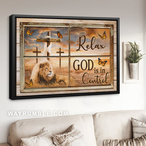 Lion of Judah, Monarch butterfly, Wooden cross, Relax God is in control - Jesus Landscape Canvas Prints, Home Decor Wall Art