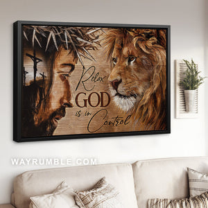 Brown lion, Jesus face, Jesus on the cross, Relax God is in control - Jesus Landscape Canvas Prints, Home Decor Wall Art