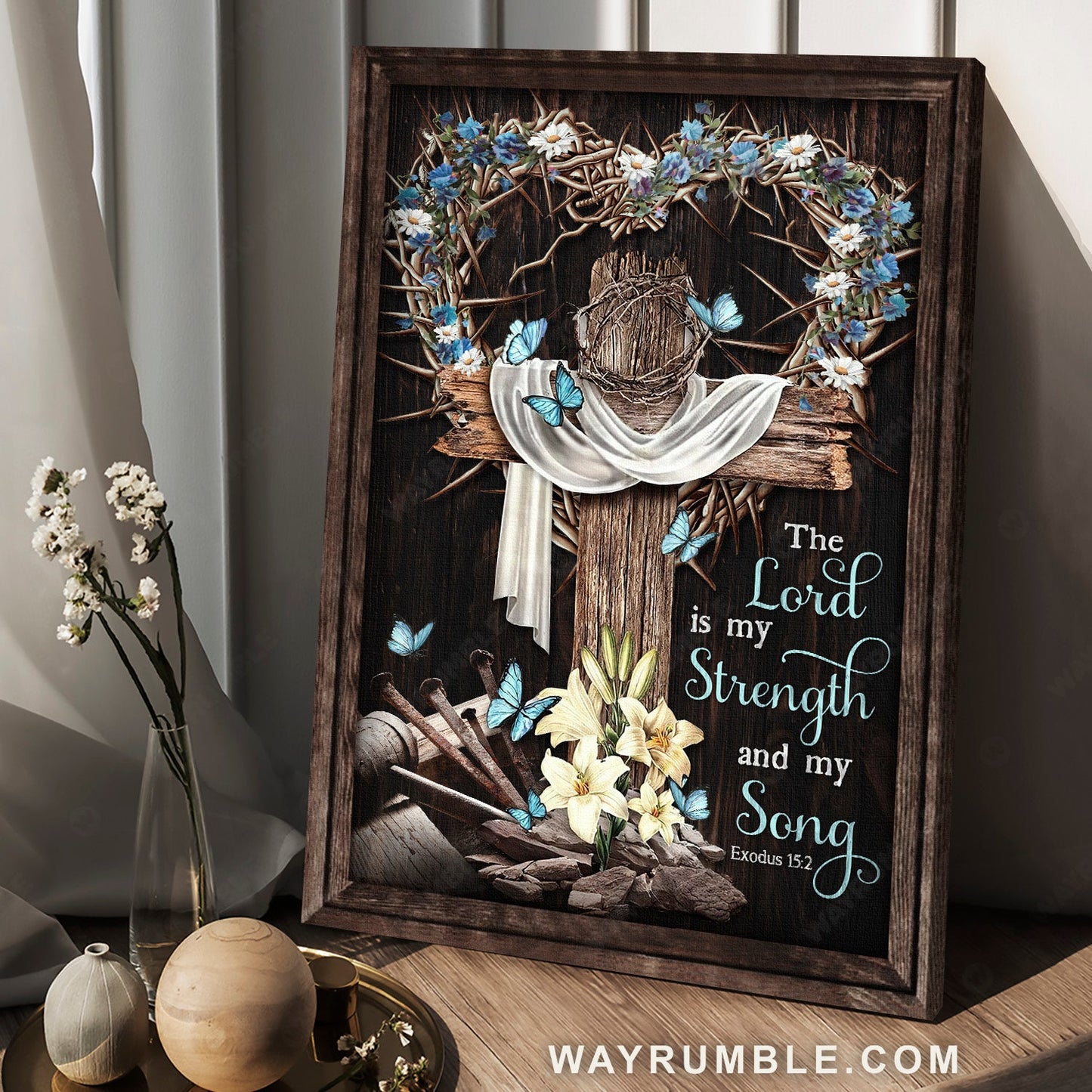 Stunning heart, Beautiful cross, Blue butterfly, The Lord is my strength - Jesus Portrait Canvas Prints, Home Decor Wall Art