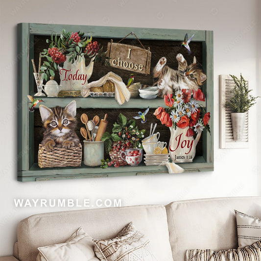 Little cat painting, Red poppy, Vintage drawing, Today I choose joy - Jesus Landscape Canvas Prints, Home Decor Wall Art