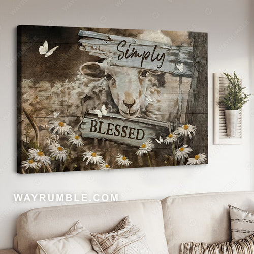 Lovely lamb, Daisy field, Antique sign, Simply blessed - Jesus Landscape Canvas Prints, Home Decor Wall Art