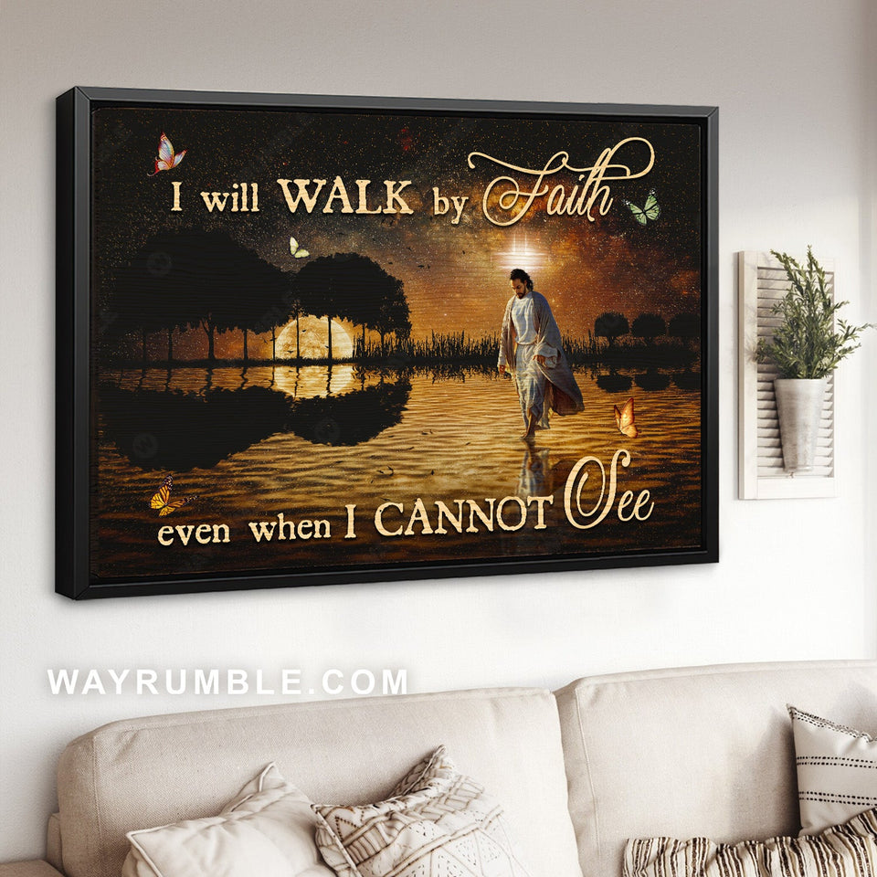 Beautiful night, Full moon drawing, Jesus walking on water, I will walk by faith - Jesus Landscape Canvas Prints, Home Decor Wall Art