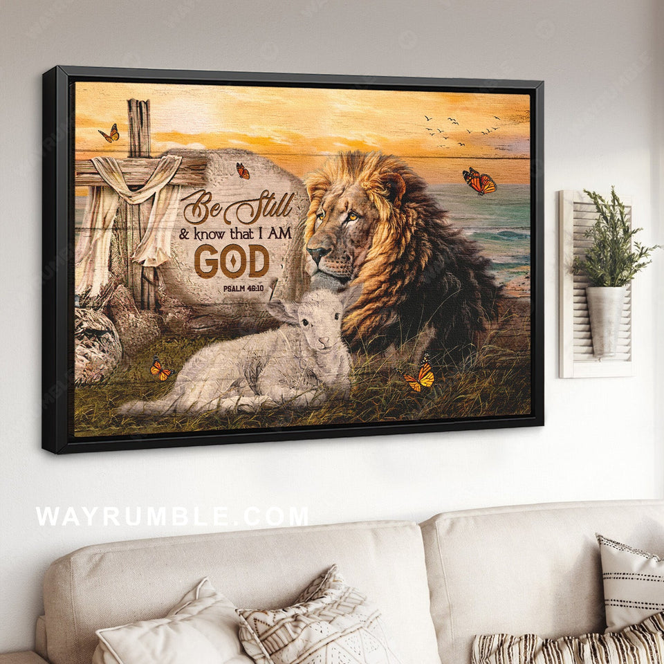 Stunning lion, Little lamb, Circle rock, Be still and know that I am God - Jesus Landscape Canvas Prints, Home Decor Wall Art